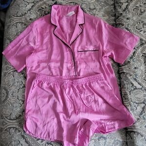 Auden Pink Satin Pajama Set with Black Trim